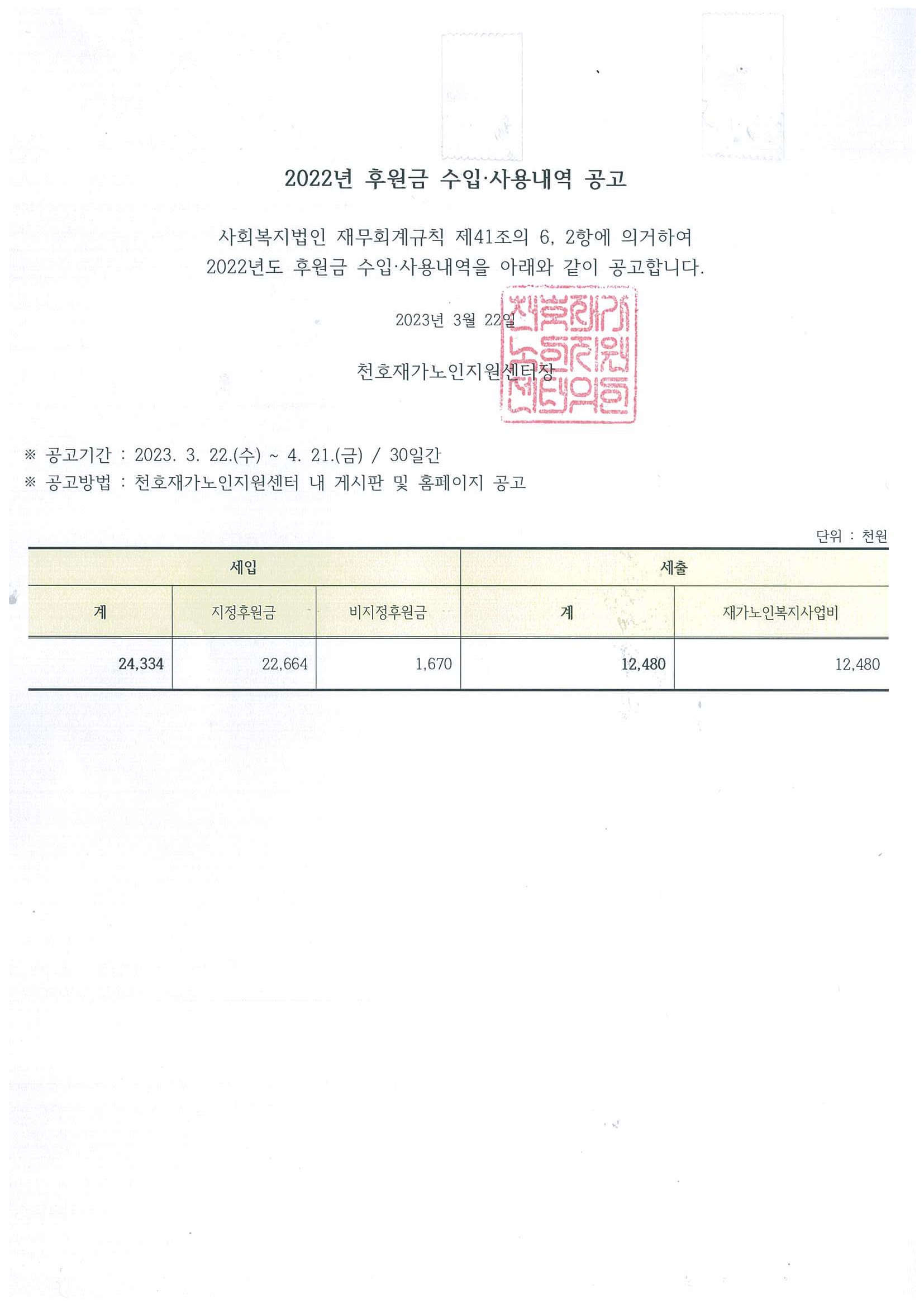 [공지] 2022년 결산 및 후원금 수입, 사용내역 공고