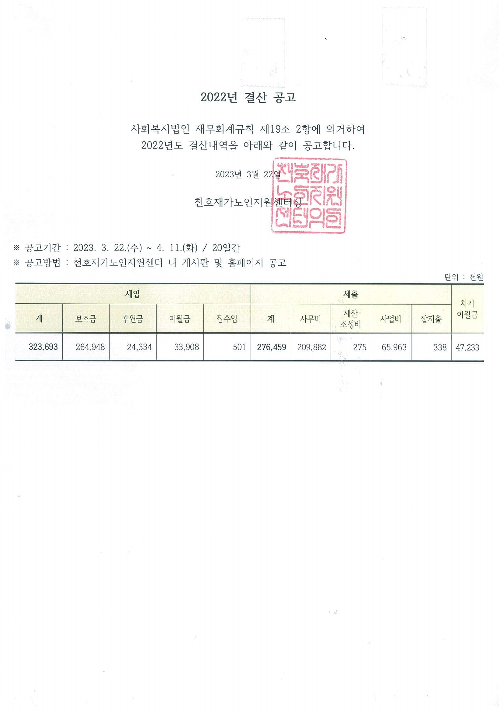 [공지] 2022년 결산 및 후원금 수입, 사용내역 공고